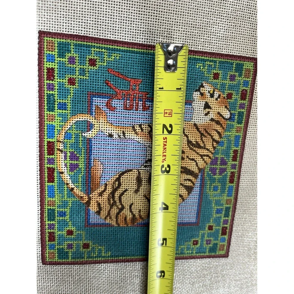 Chameleon Handpainted Needlepoint Canvas Tiger Teal Klimt like background 18ct